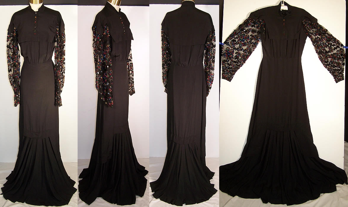 Henri Bendel Black Crepe Sequin Evening Gown  Front view.