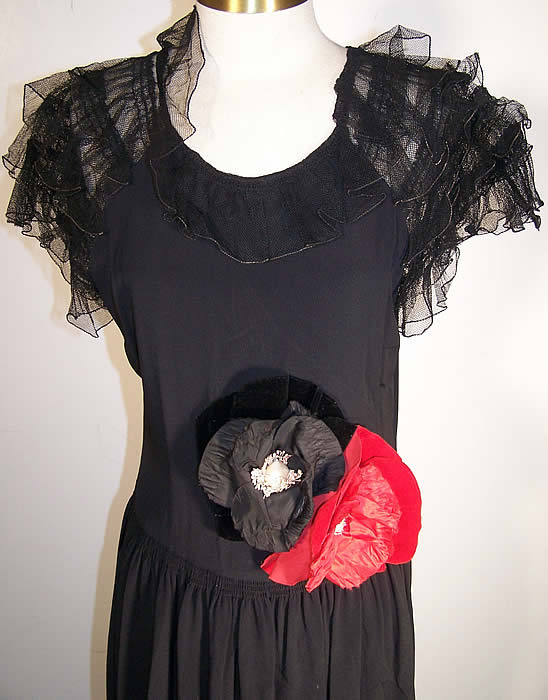 Black Silk Crepe Net Ruffle Red Flower Dress