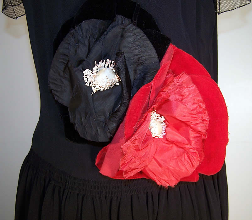 Black Silk Crepe Net Ruffle Red Flower Dress