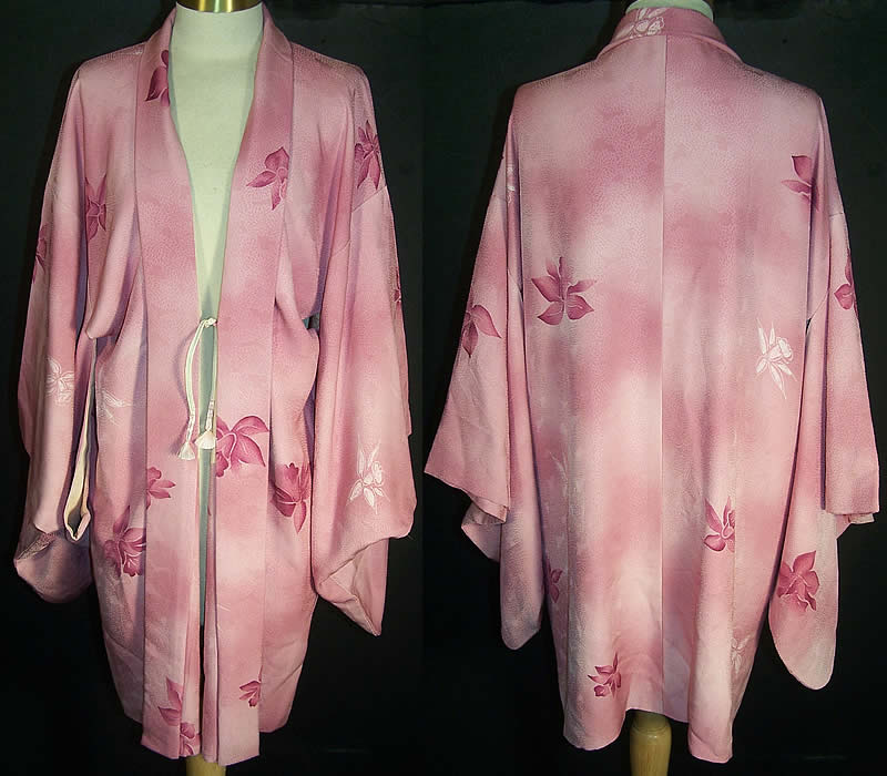 Japanese Haori Orchid Mauve Silk Screen Kimono Jacket  Front view.