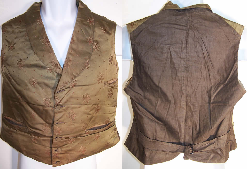  Victorian Gentlemen's Gold Green Brocade Waistcoat Vest  Front view.