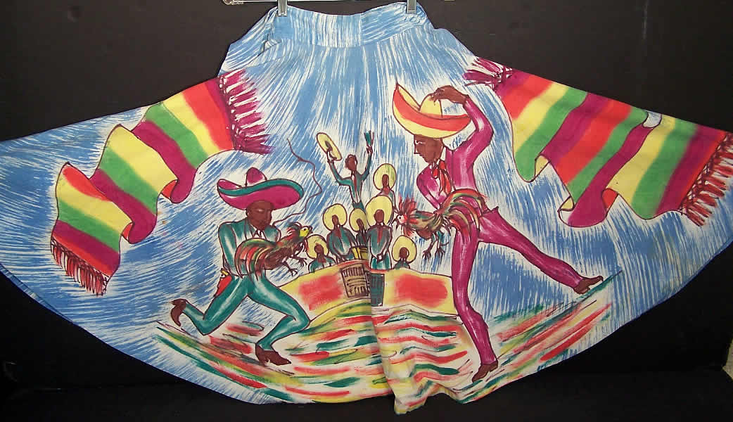 Hand Painted Mexican Cock Fighting Circle Skirt Close up.