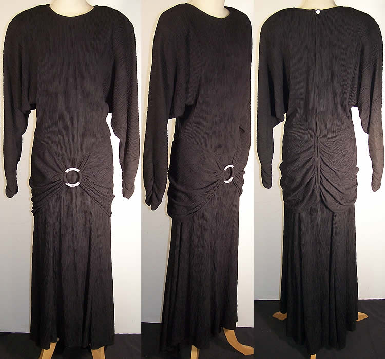  Ashlee Black Pleated Dolman Sleeve Evening Gown Front view.