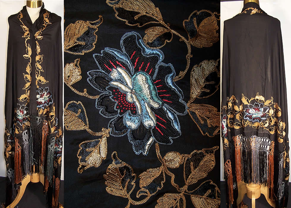 Art Deco Black Silk Floral Embroidered Piano Shawl  Front view.