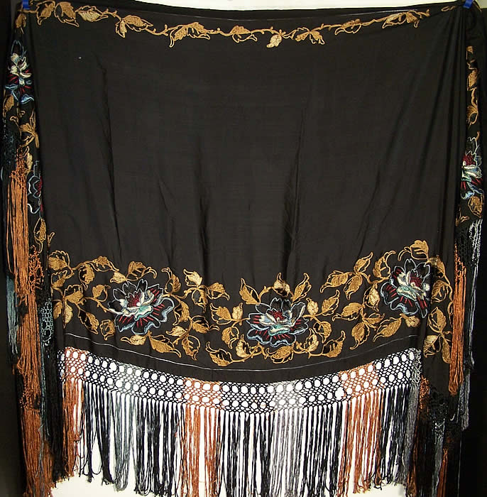 Art Deco Black Silk Floral Embroidered Piano Shawl Back View.