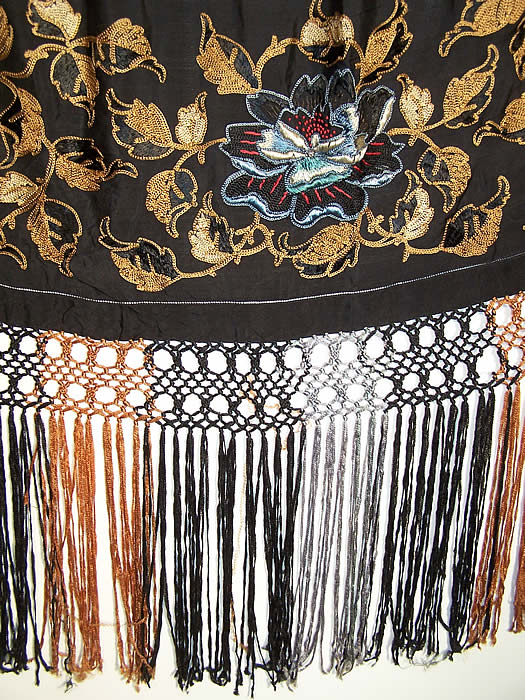 Art Deco Black Silk Floral Embroidered Piano Shawl