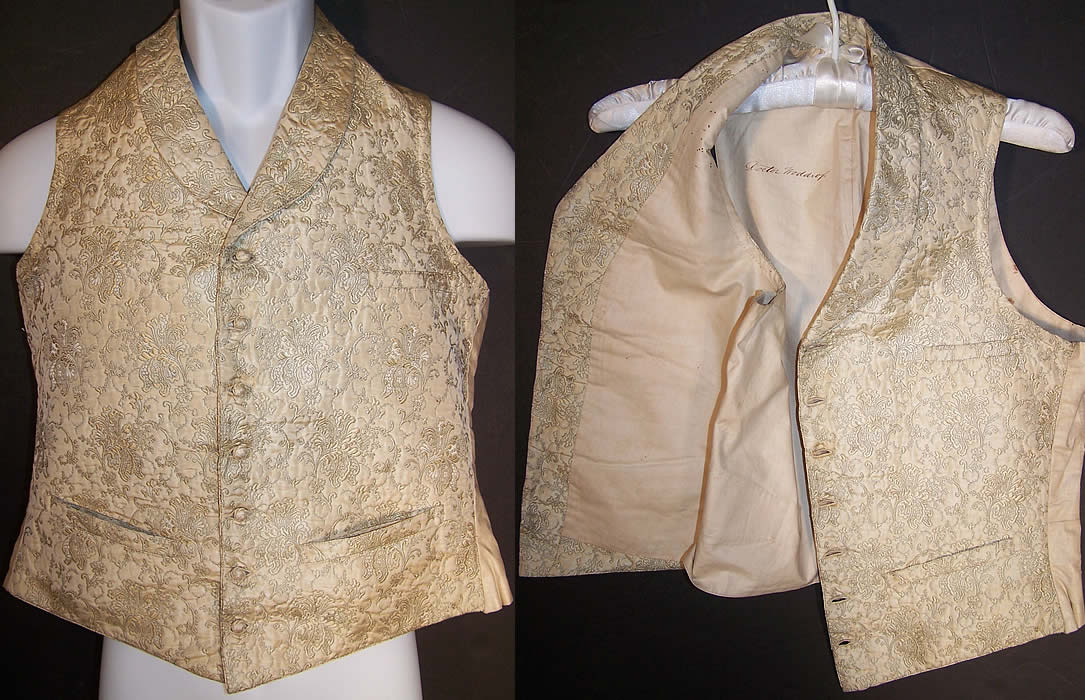 Victorian Gentlemen's Cream Silk Brocade Waistcoat Vest  Front view.