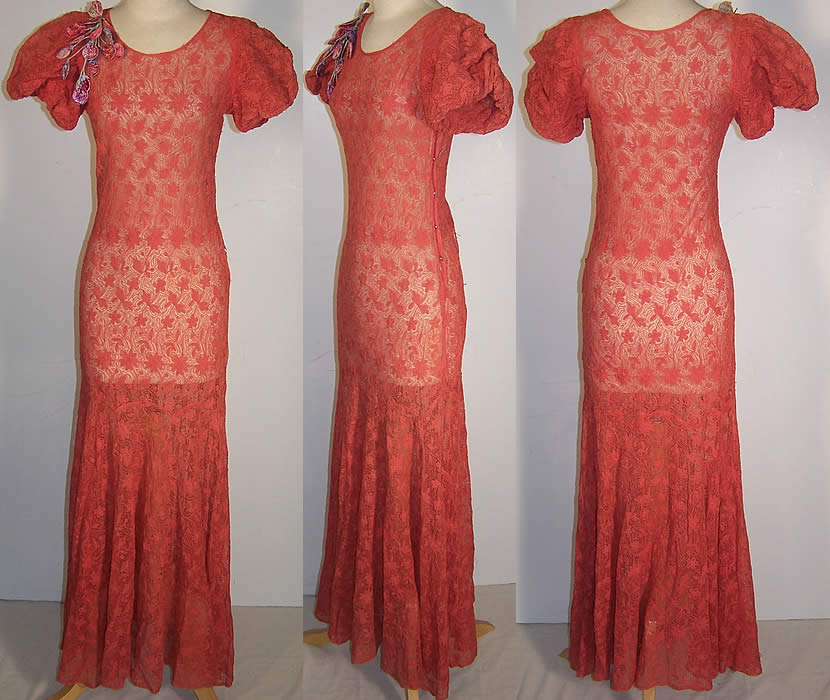 Coral Embroidered Net Lace Floral Trim Bias Cut Dress  Front view.