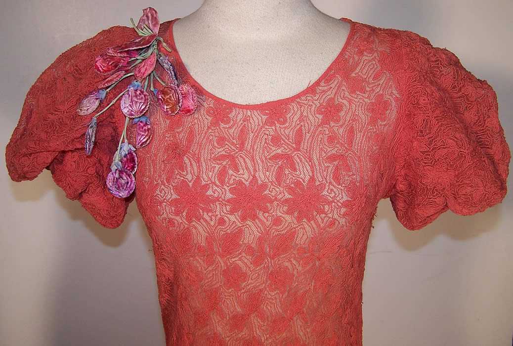 Coral Embroidered Net Lace Floral Trim Bias Cut Dress