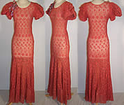 Coral Embroidered Net Lace Floral Trim Bias Cut Dress