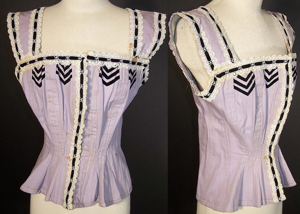  Victorian Lilac Coutil Ribbon Lace Corset Cover Bodice Front view.