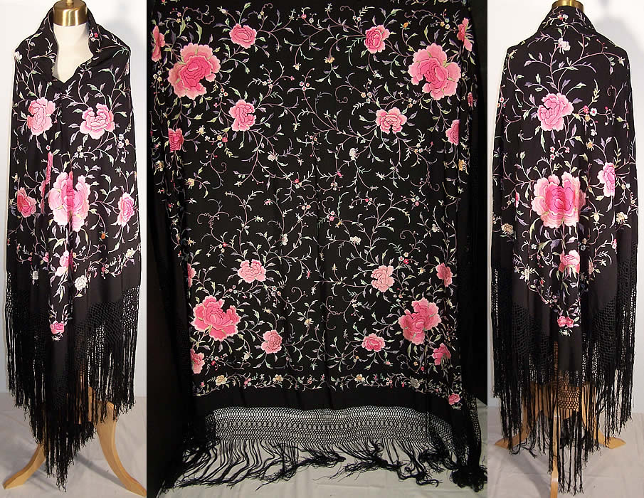 Antique Black Pink Silk Embroidered Canton Piano Shawl   Front view.