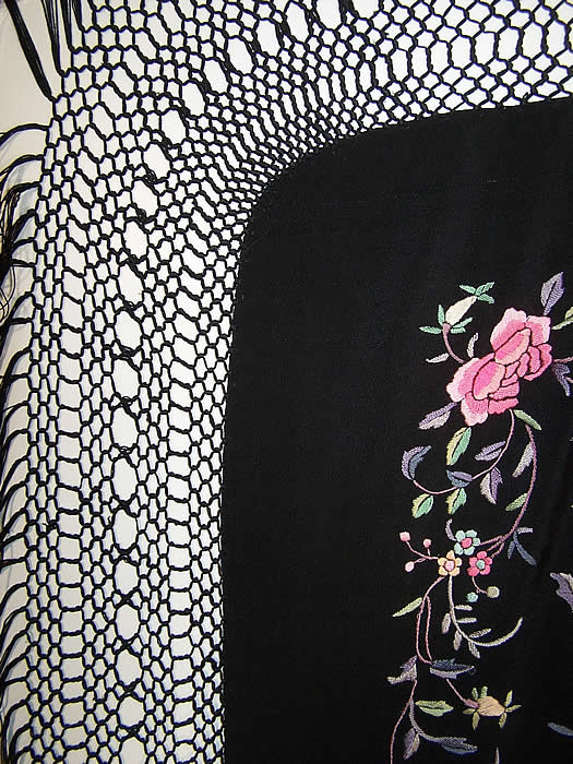 Antique Black Pink Silk Embroidered Canton Piano Shawl  Close up.