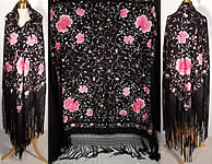 Antique Black Pink Silk Embroidered Canton Piano Shawl 