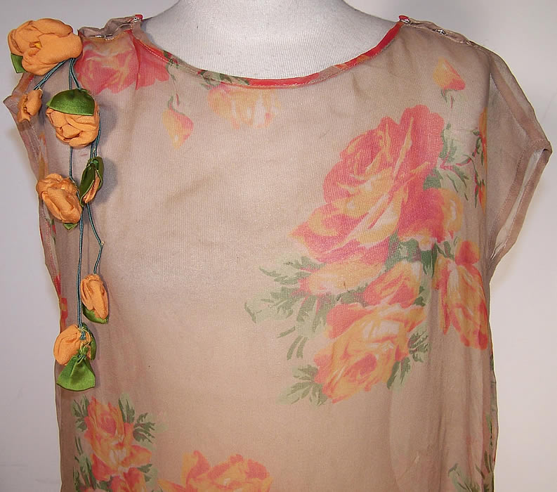 Orange Roses Silk Chiffon Rosette Drop Waist Dress 