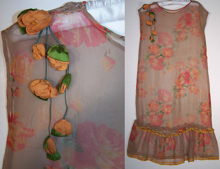 Orange Roses Silk Chiffon Rosette Drop Waist Dress 