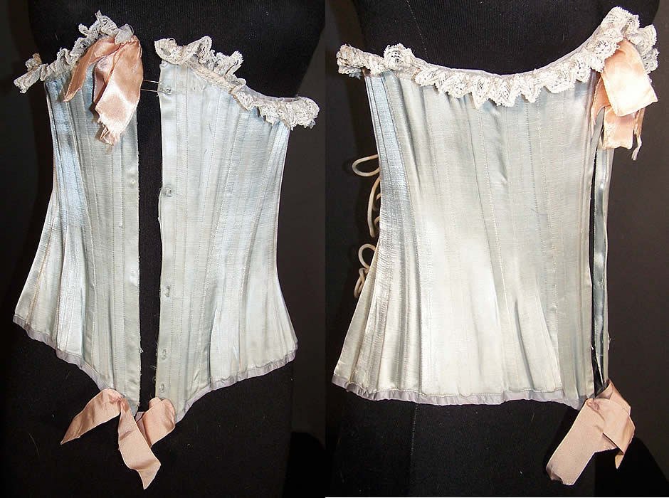 Victorian Inspired Blue Satin Short Corset Girdle  Front view.