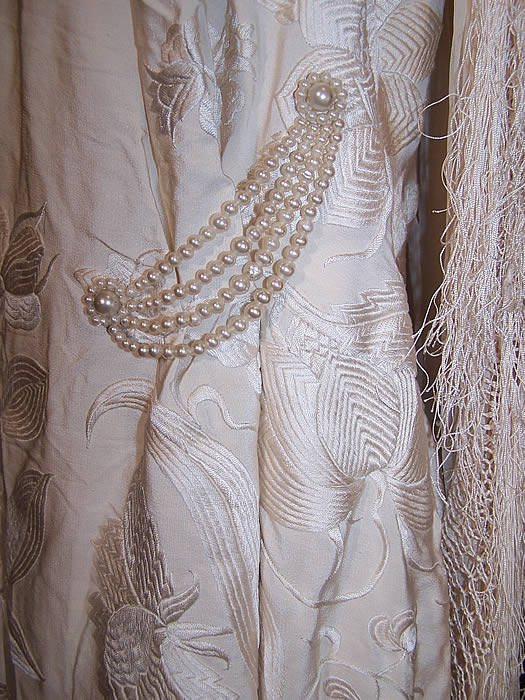 White Silk Embroidered Piano Shawl Wedding Dress Train Close up.