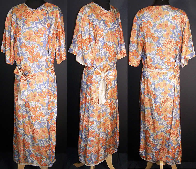 Japanese Raw Silk Screen Kimono Robe  Front view.