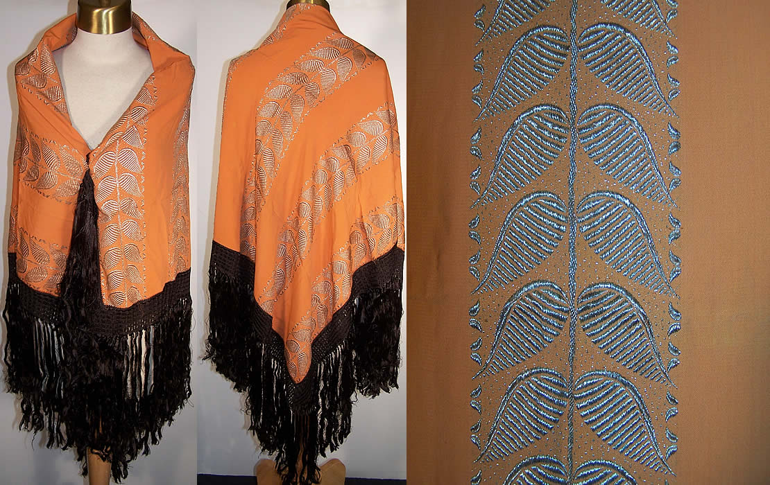 Art Deco Orange Silk Silver Lamé Fringe Shawl   Front view.