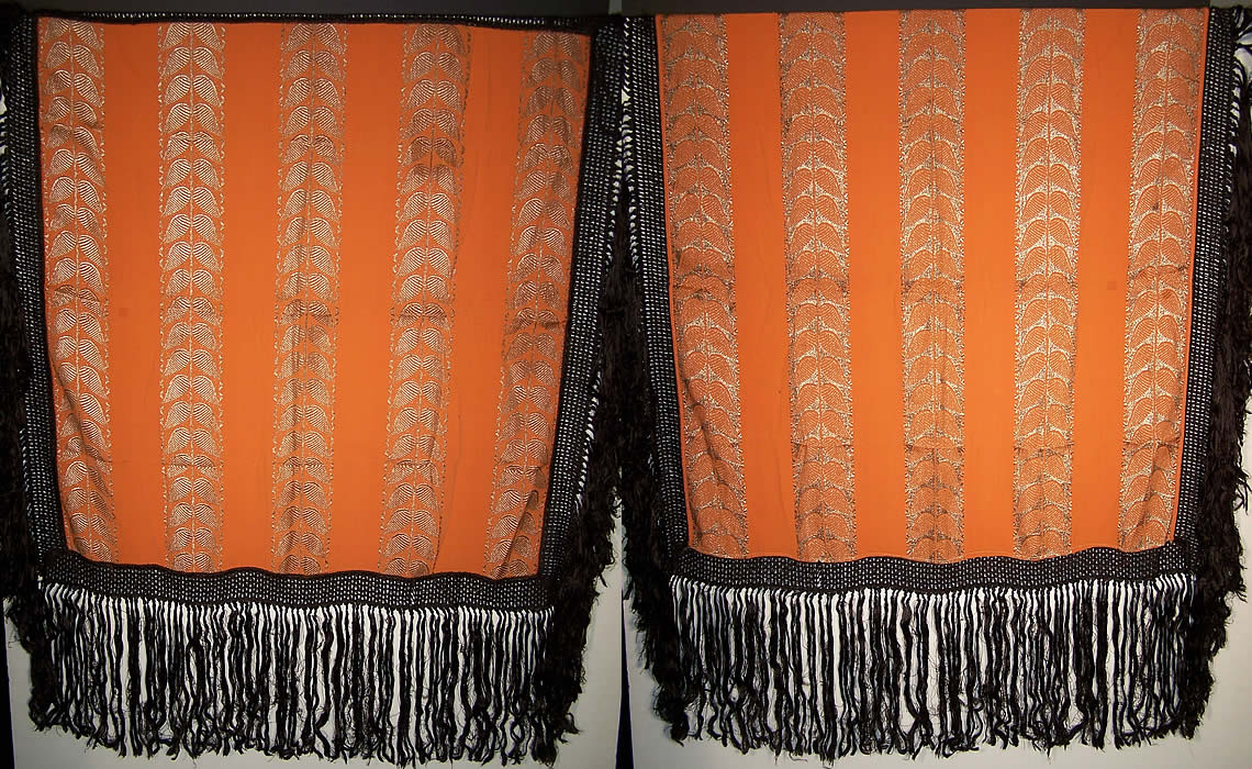 Art Deco Orange Silk Silver Lamé Fringe Shawl  Back View.