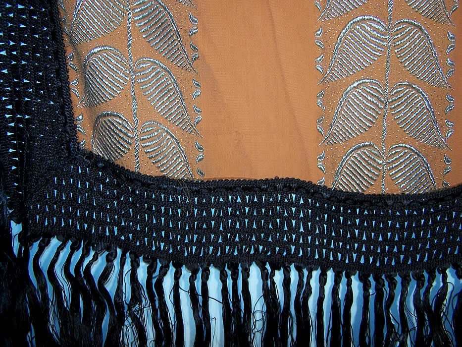 Art Deco Orange Silk Silver Lamé Fringe Shawl 