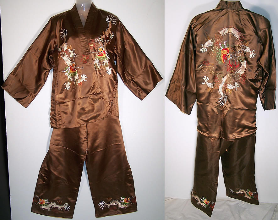 Brown Silk Embroidered Dragon Pajamas Lounge Set   Front view.