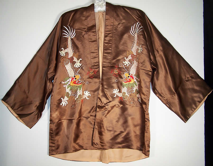 Brown Silk Embroidered Dragon Pajamas Lounge Set  Back View.