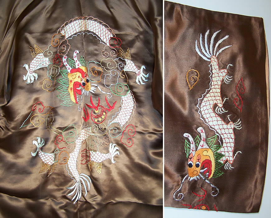  Brown Silk Embroidered Dragon Pajamas Lounge Set Close up.