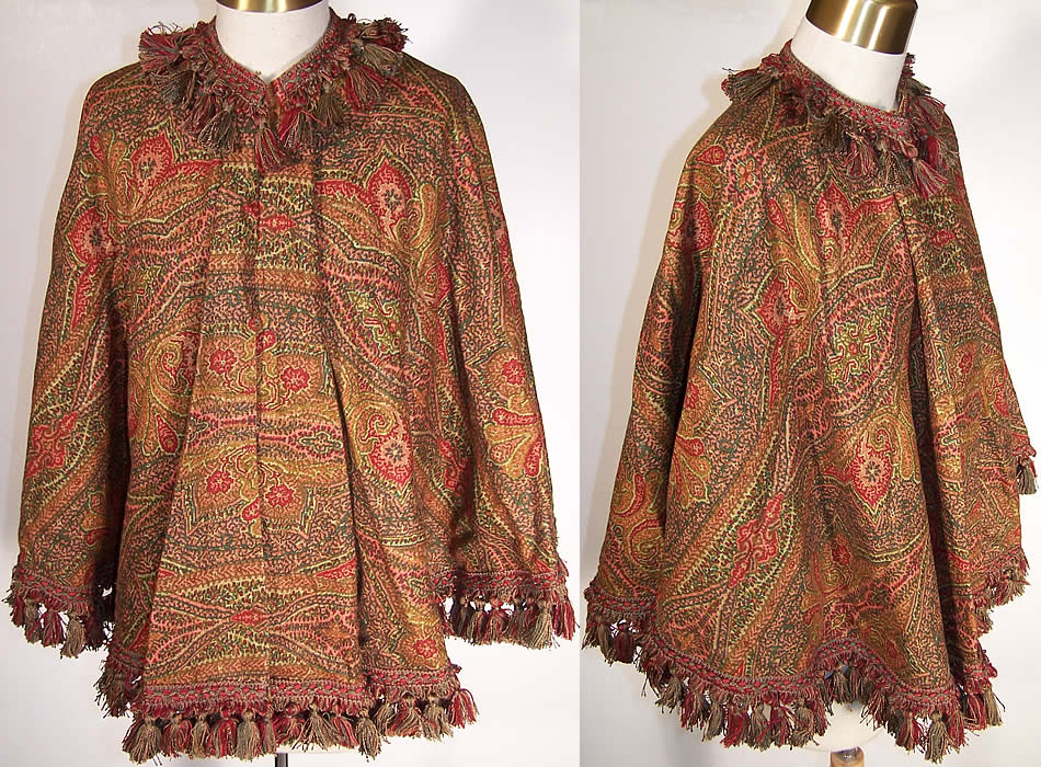 Victorian Paisley Print Linen Tassel Mantle Cape  Front view.