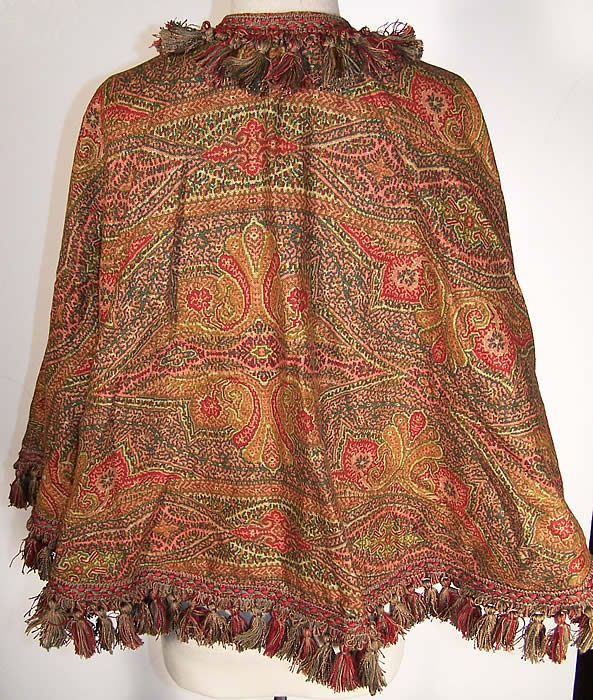 Victorian Paisley Print Linen Tassel Mantle Cape Close up.