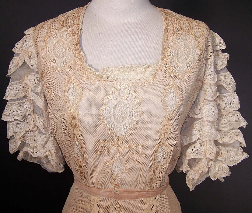 Edwardian Embroidered Net Lace Wedding Gown Dress 