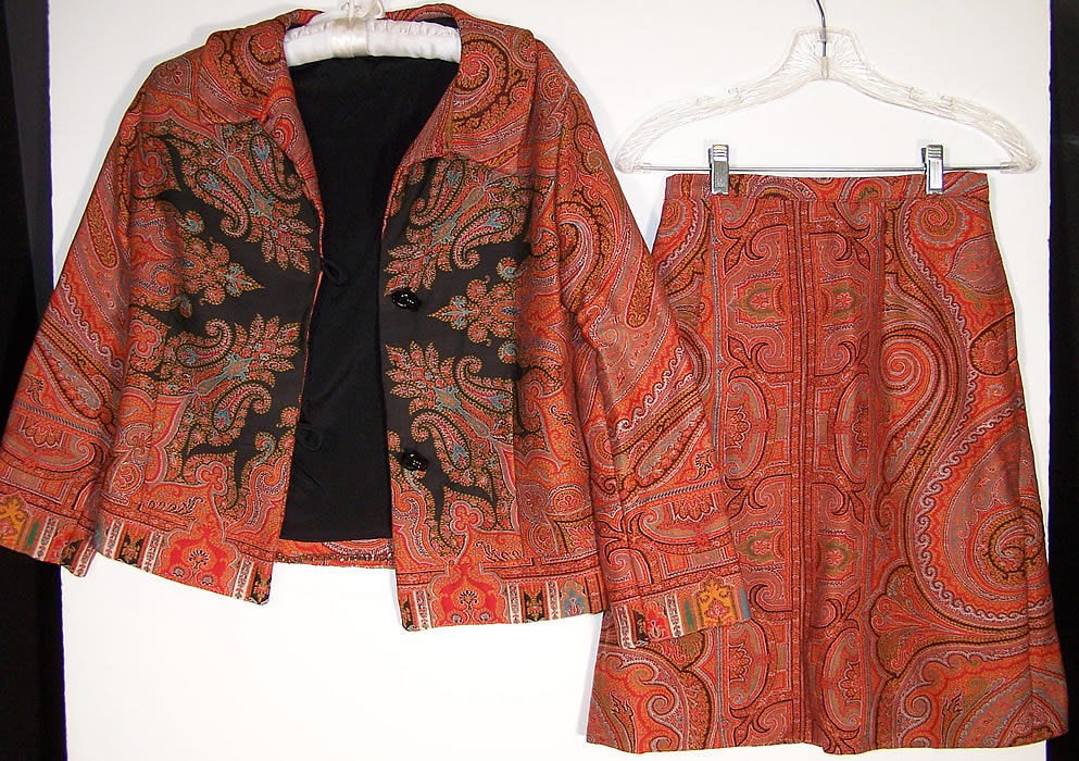 Antique Wool Paisley Shawl Suit Jacket Skirt Set  Close up.