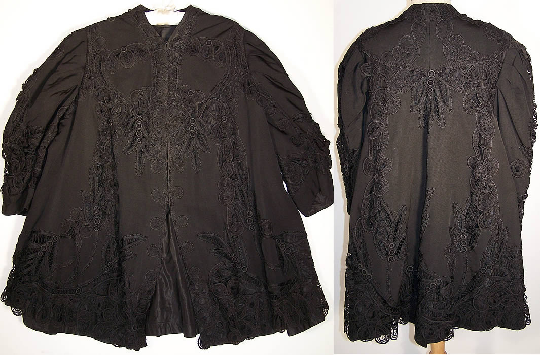 Edwardian Battenburg Tape Lace Black Silk Coat  Close up.