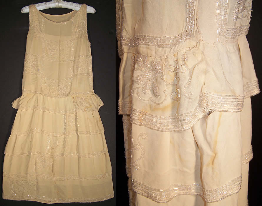  Cream Silk Beaded Ruffled Drop Waist Flapper Dress  side view.