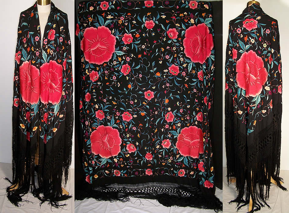 Antique Floral Roses Silk Embroidered Canton Piano Shawl   Front view.