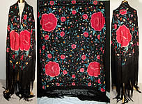 Antique Floral Roses Silk Embroidered Canton Piano Shawl 