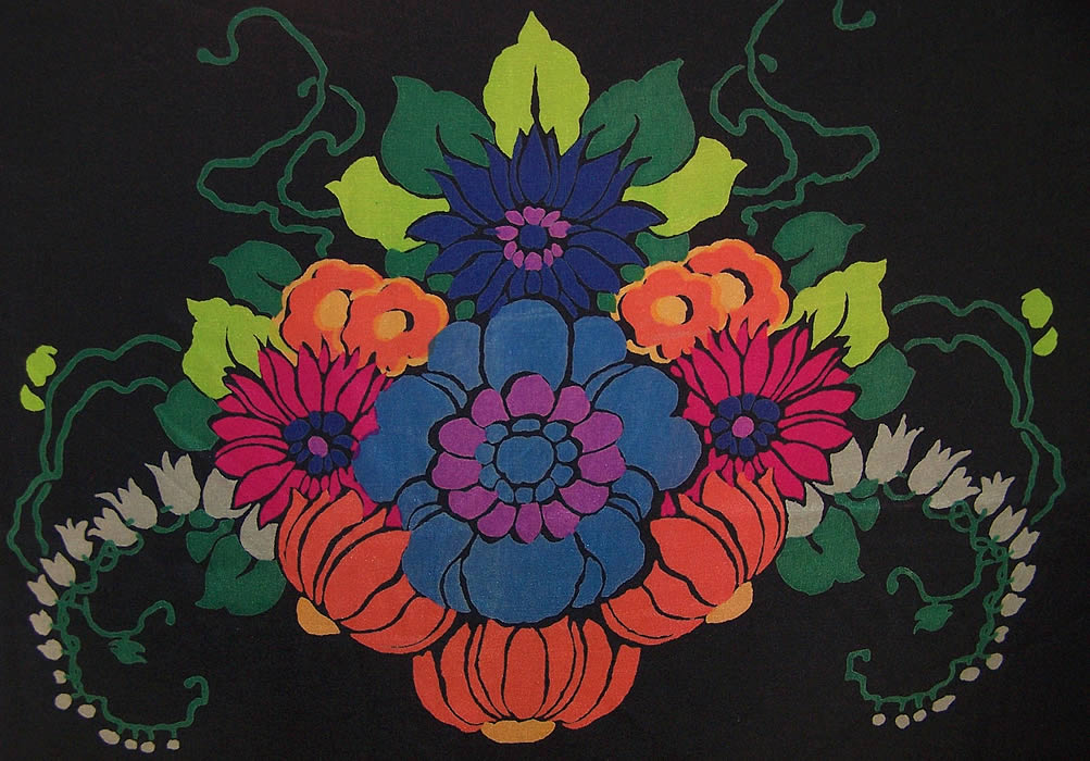 Art Deco Silk Screen Floral Fringe Shawl Scarf Close-up