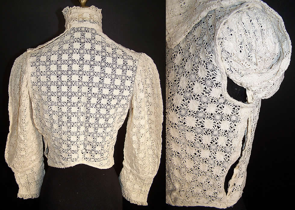 Victorian Antique White Drawnwork Lace Blouse Back View.