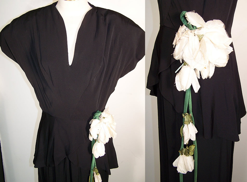 Black Silk Crepe Peplum Skirt Flower Trim Dress Front & Side View.