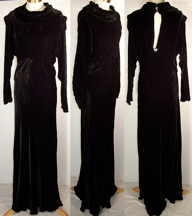 Vintage Black Velvet Dolman Sleeve Bias Cut Dress Gown  Front view.