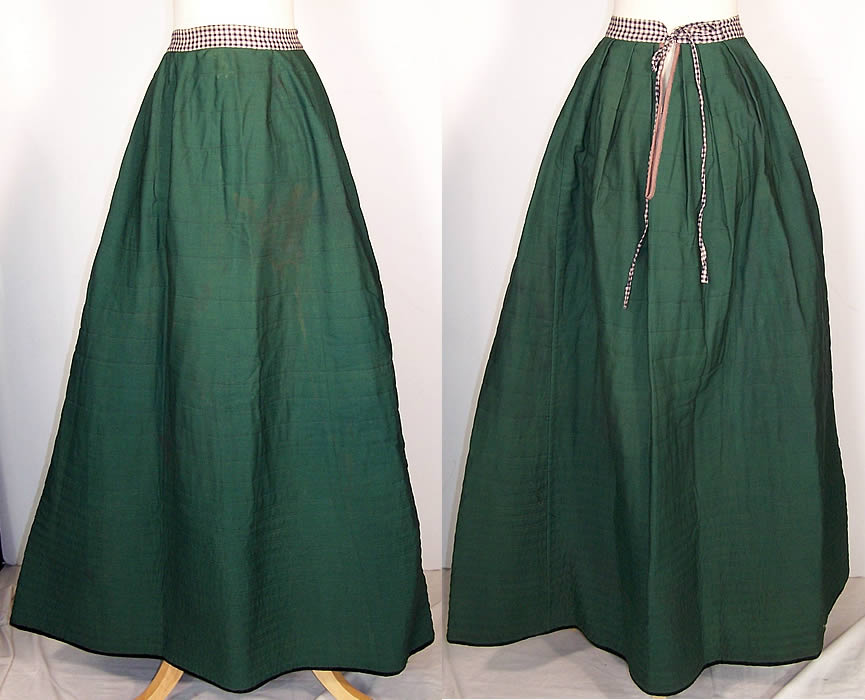  Victorian Green Wool Flannel Lined Quilted Petticoat Skirt  Front view.