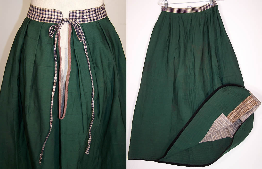 Victorian Green Wool Flannel Lined Quilted Petticoat Skirt  Back View.