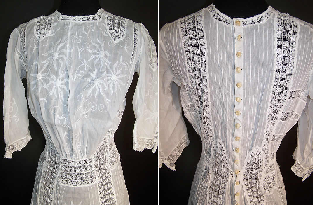  Edwardian White Batiste Lawn Lace Daisy Graduation Dress Front and Back View.