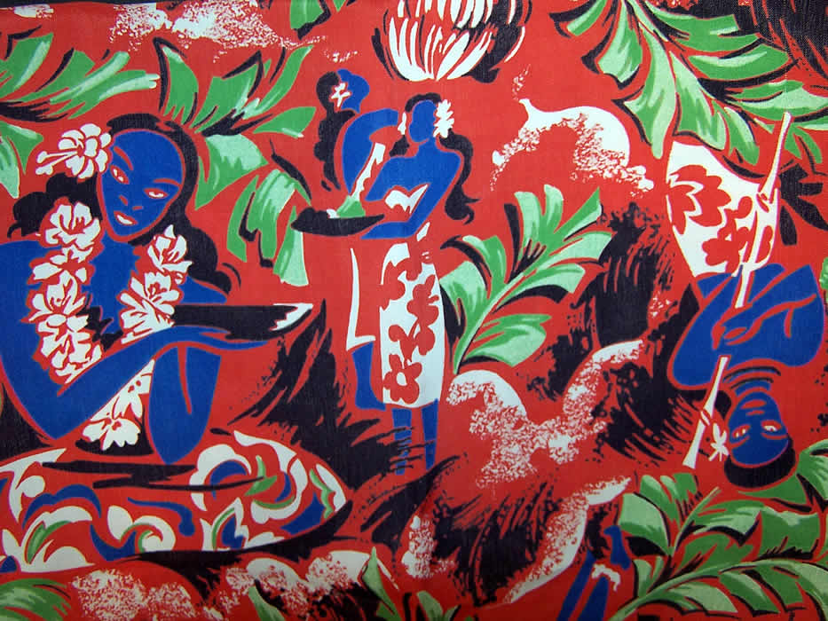 Hawaiian Red Rayon Hula Surfer Sarong Halter Dress Close-up View.