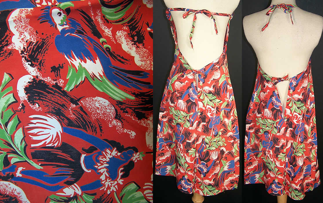 Hawaiian Red Rayon Hula Surfer Sarong Halter Dress back view.