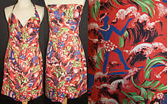 Hawaiian Red Rayon Hula Surfer Sarong Halter Dress 