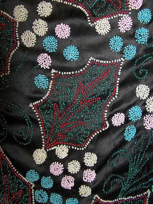 Art Deco Black Silk Holly Berry Beaded Flapper Dress  close-up view.