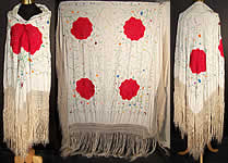 Antique White Silk Red Roses Embroidered Canton Piano Shawl