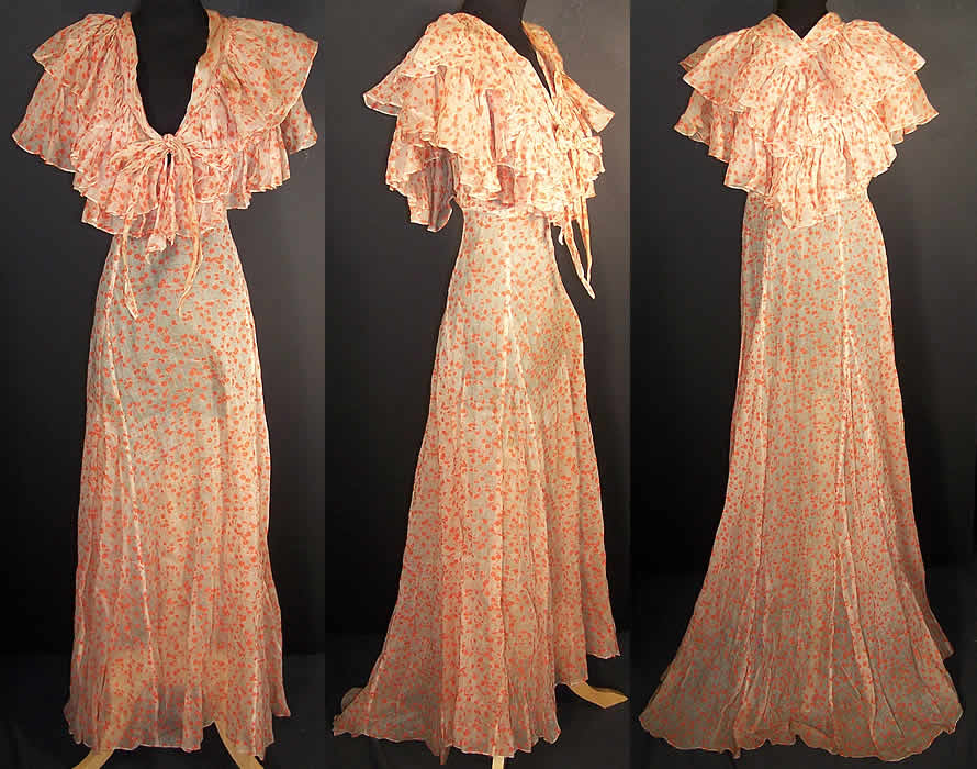 Organdy Orange Daisy Shawl Collar Bias Cut Dress  Front view.